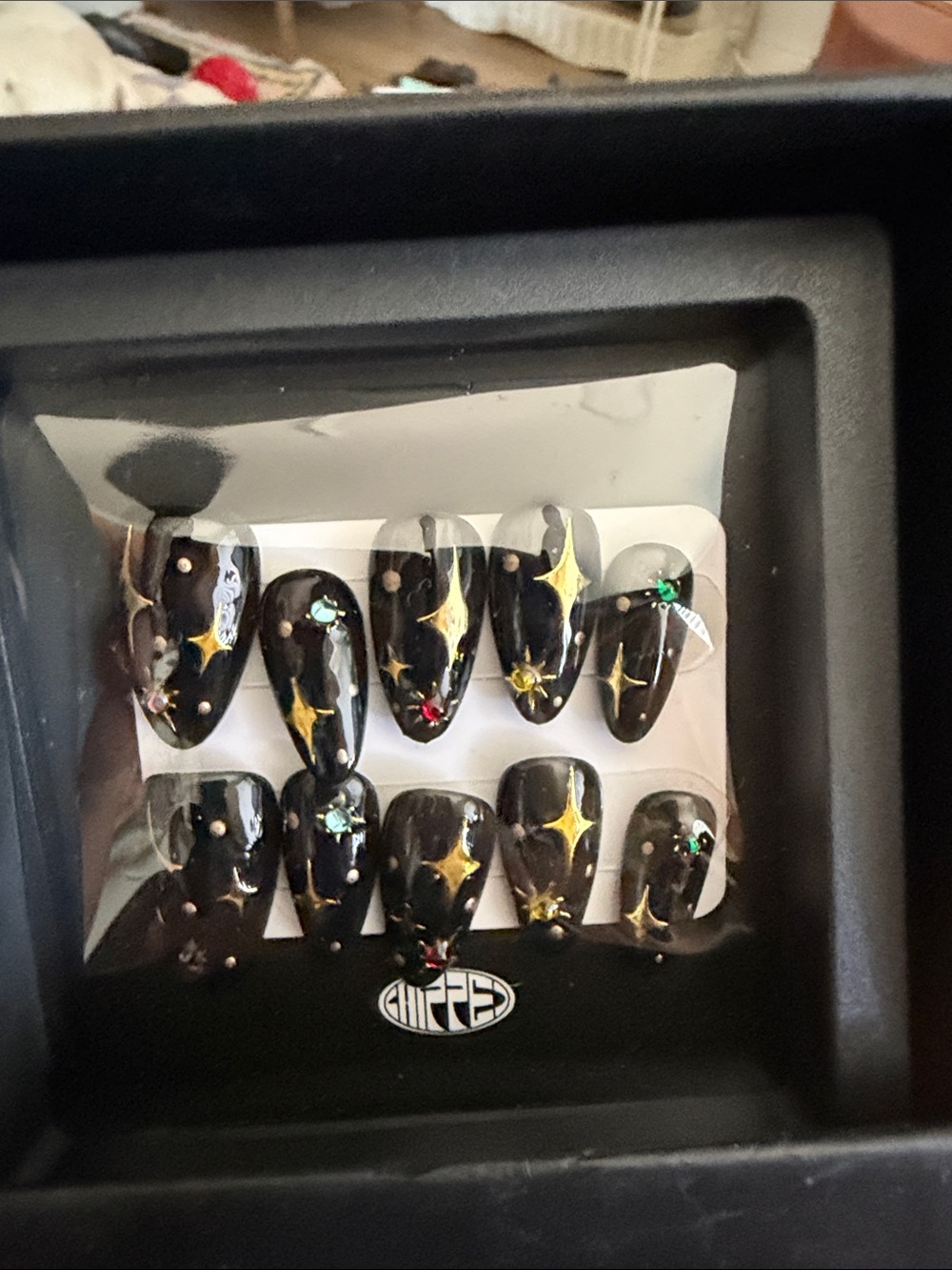 Chipped NFC press on nails-black 10mails with nail file glue and nail tabs. Med